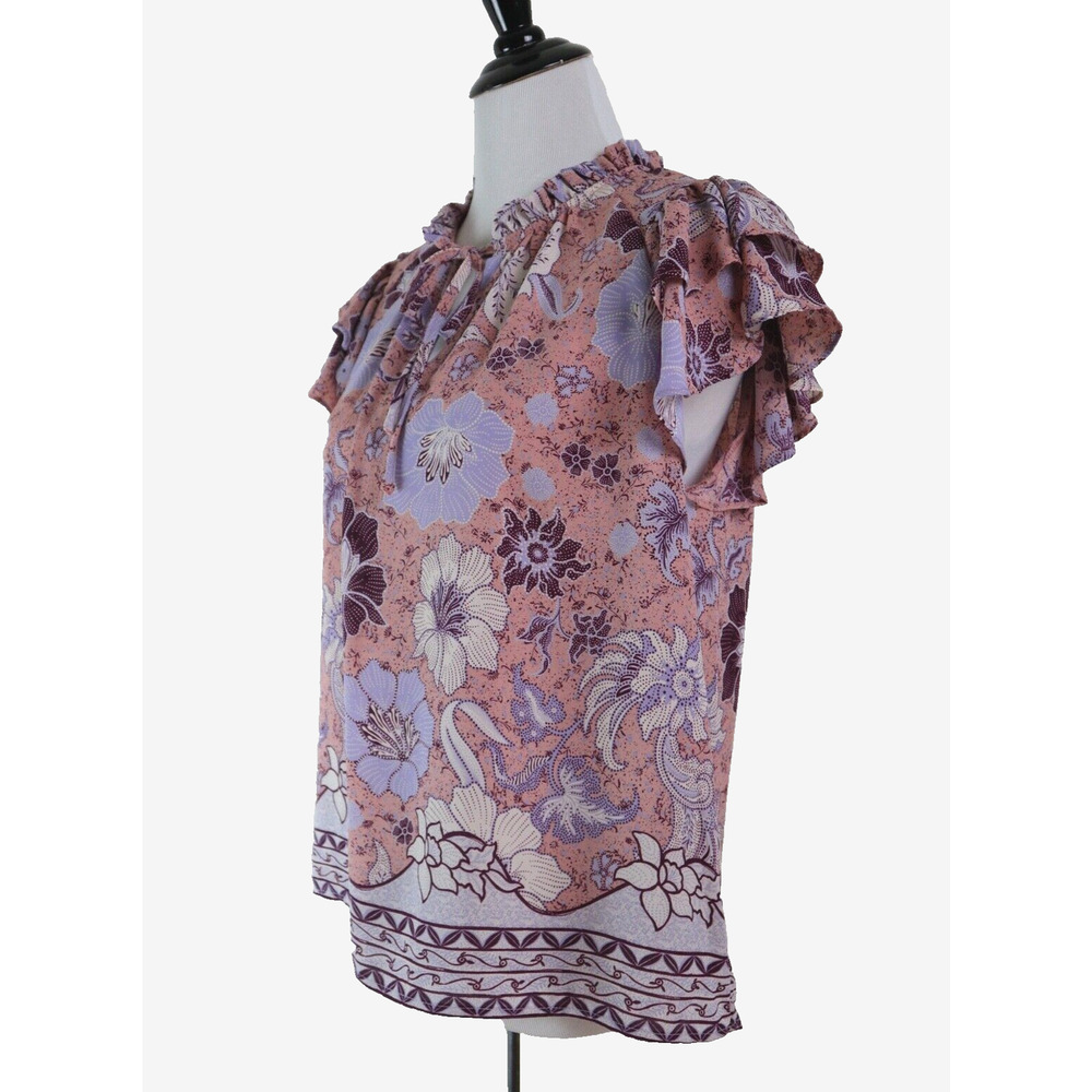 Joie Size M Floral Flutter Ruffle Sleeve Neck Tie Blouse Pink Purple